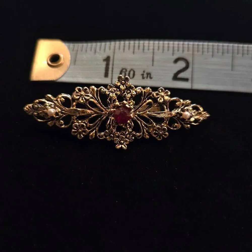 Gerry's Gold Fillagree Bar Pin with Red center stone and 2 pearls Brooch